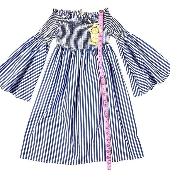 MEI Fashion NWT Off The Shoulder Smocked Striped Mini Dress Women’s S/M - Picture 7 of 9